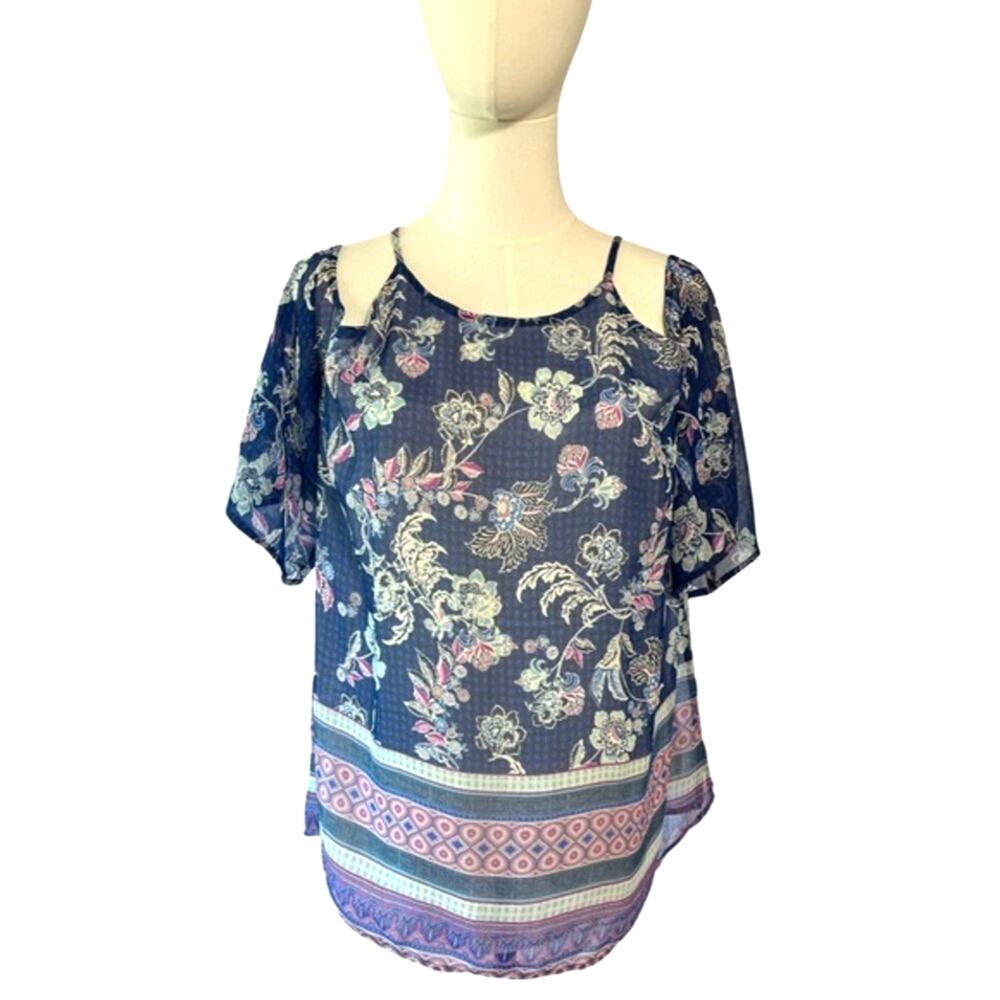 Anthropologie Navy Pink Floral Blouse Women’s Large Feminine Cutout Flowy NWT